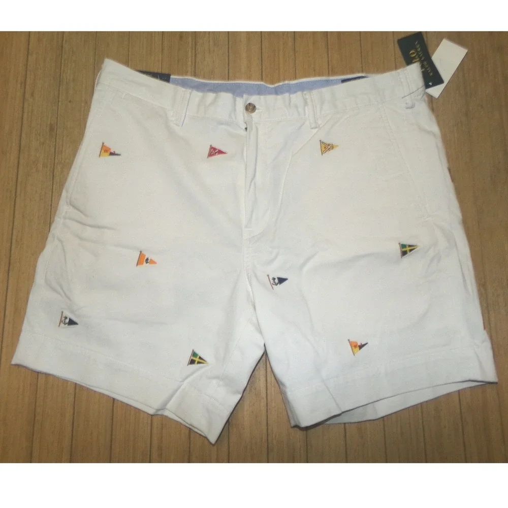 MENS POLO RALPH LAUREN‎ SZ 38 STRETCH STRAIGHT FIT SHORTS~WHITE / FLAGS~NWT